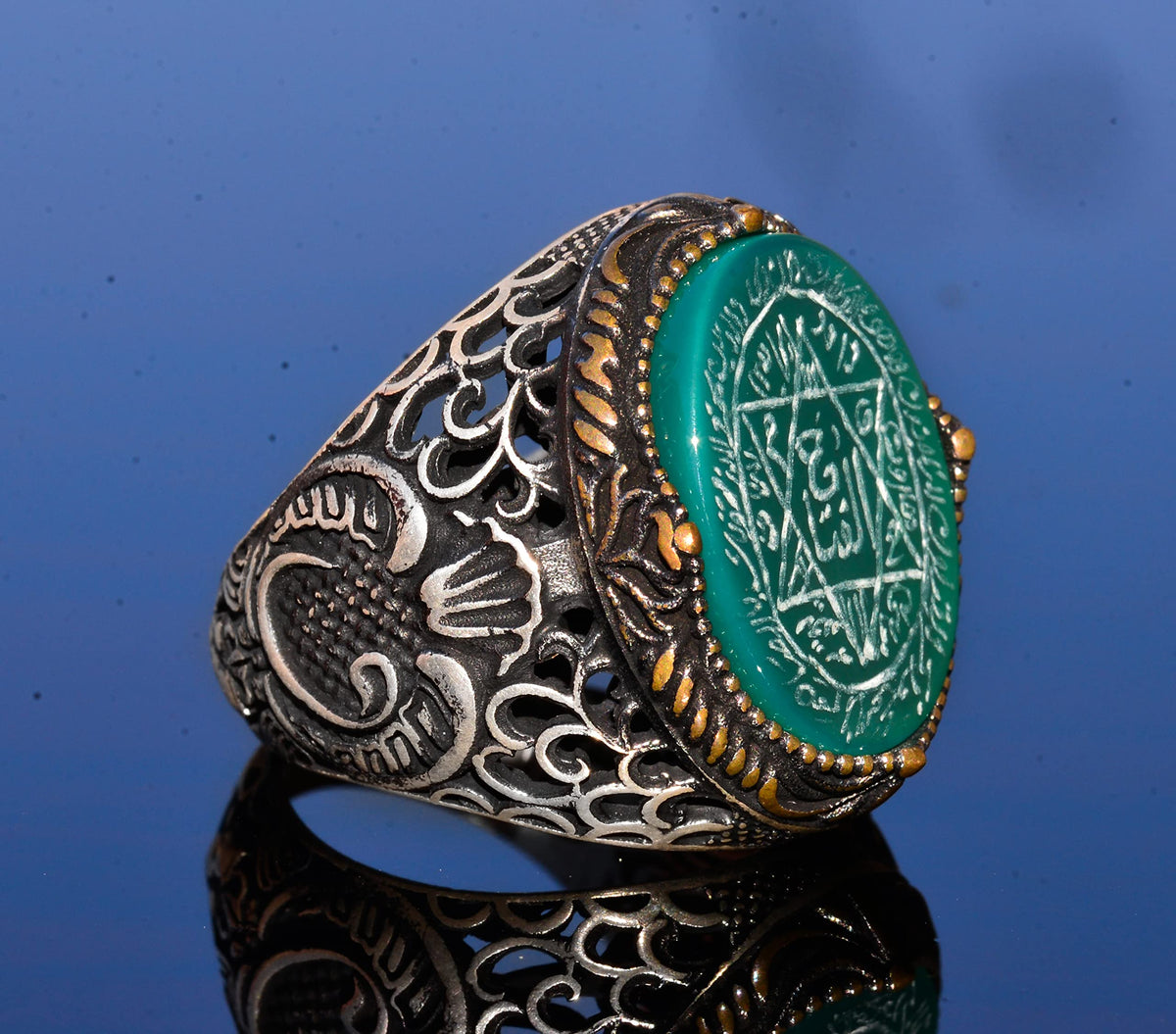 Handmade Solomon Seal Ring, Natural Green Onyx Stone, Islamic Men's Ring, 925 Sterling Silver — 4