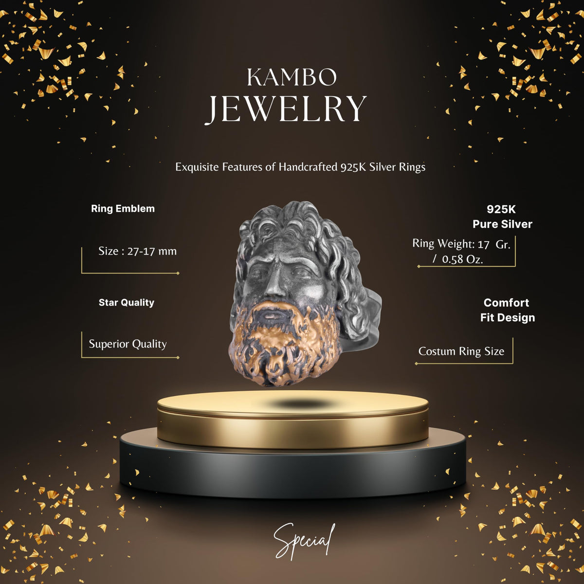 KAMBO Zeus Head Men's Ring – 925 Sterling Silver Gold Plated Beard Design – Handmade Greek God Mythology Jewelry – Thick Artisan Statement Ring — 2