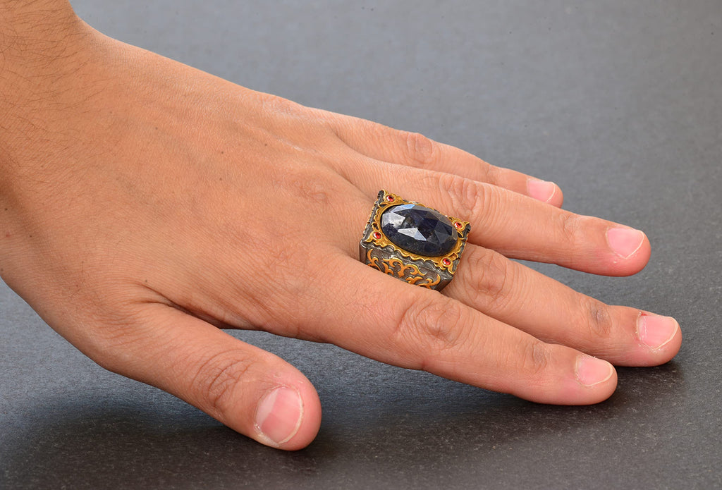 Men's Silver Sultan Ring - Natural Sapphire Stone — 6