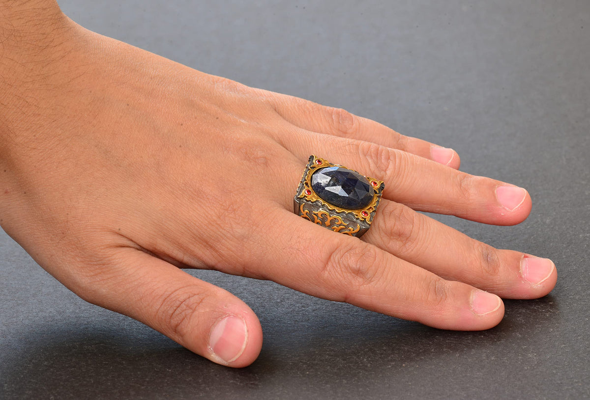 Men's Silver Sultan Ring - Natural Sapphire Stone — 6