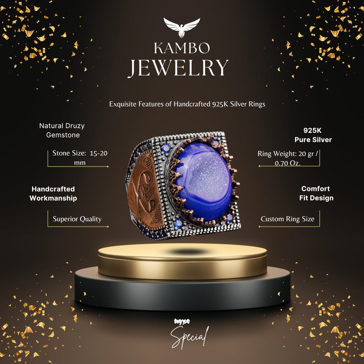 Natural Blue Druzy Quartz Stone Men's Ring — 2
