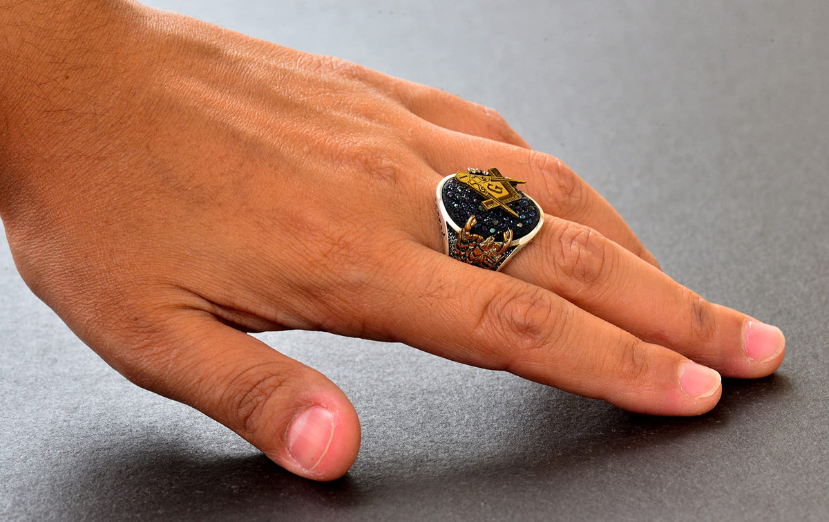 Handmade 925 Sterling Silver Men's Mason Scorpion Ring, Black and White Heart Stone, Gold Plated Mason King Ring Design, Silver Ring — 7