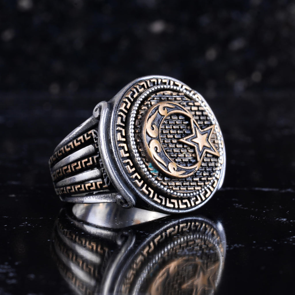 KAMBO Bronze Detailed 925 Sterling Silver Men's Ring Handmade Vintage Symbolic Statement Ring (Crescent and Star) — 6