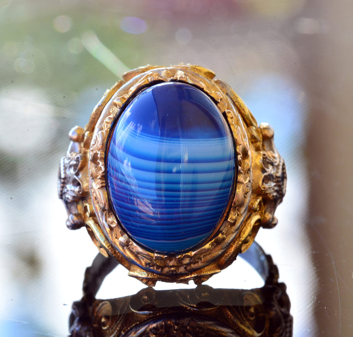 Natural Blue Agate Stone Men's Ring, Gold Plated 925 Sterling Silver Ring, Handmade Silver Ring — 3