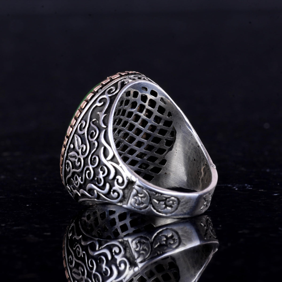925 Sterling Silver Men's Ring, Large Ring (Light Green Cat's Eye Stone) — 7