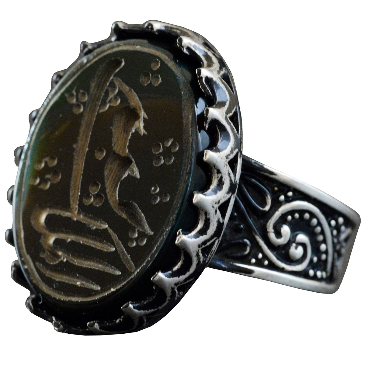Handmade Jade Stone Ring, 925 Sterling Silver Men's Ring, Islamic Calligraphy Design
