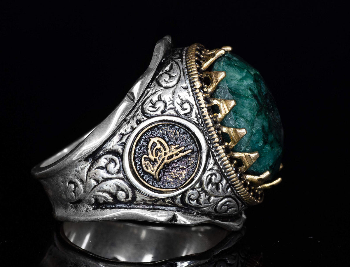 Natural Emerald Stone Silver Ring with Ottoman Tughra — 4