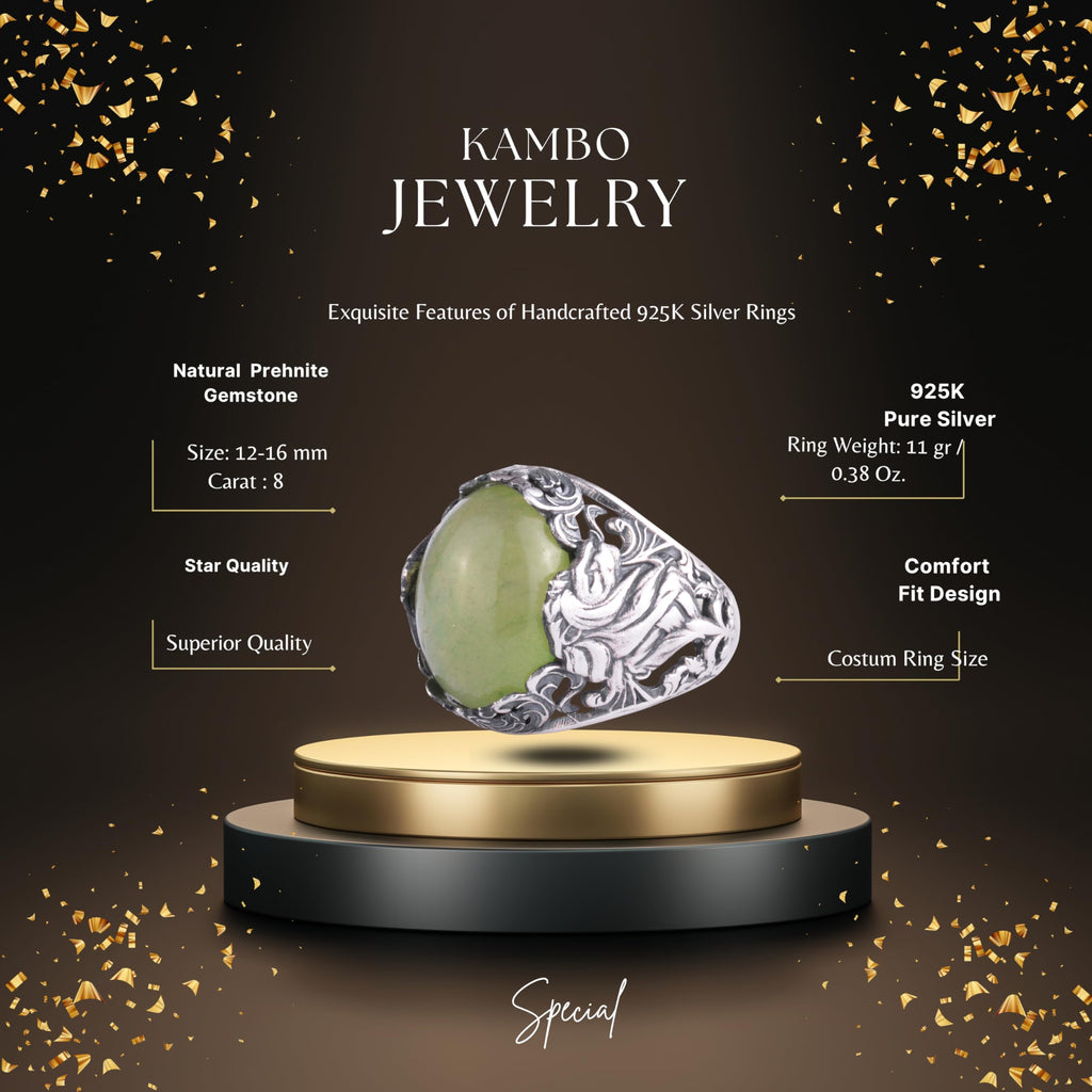 KAMBO Natural Stone Men's Ring 925 Sterling Silver - Green Prehnite Statement Ring - Flower Engraved Handmade Men's Jewelry — 2