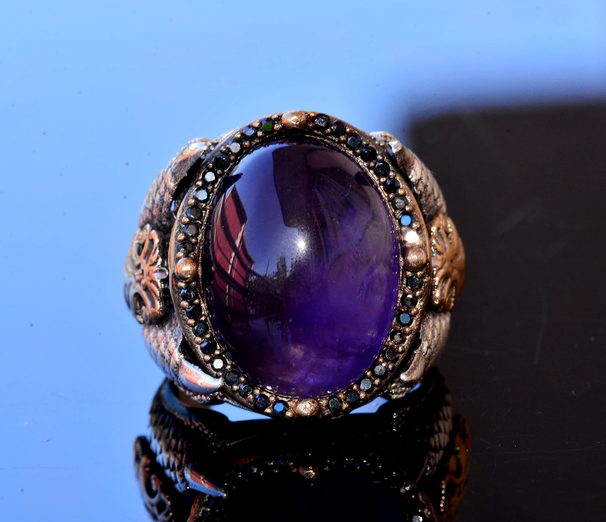 KAMBO Handmade Sterling Silver Men's Amethyst Ring 925 Vintage Eagle Claw Gemstone Statement Band Jewelry