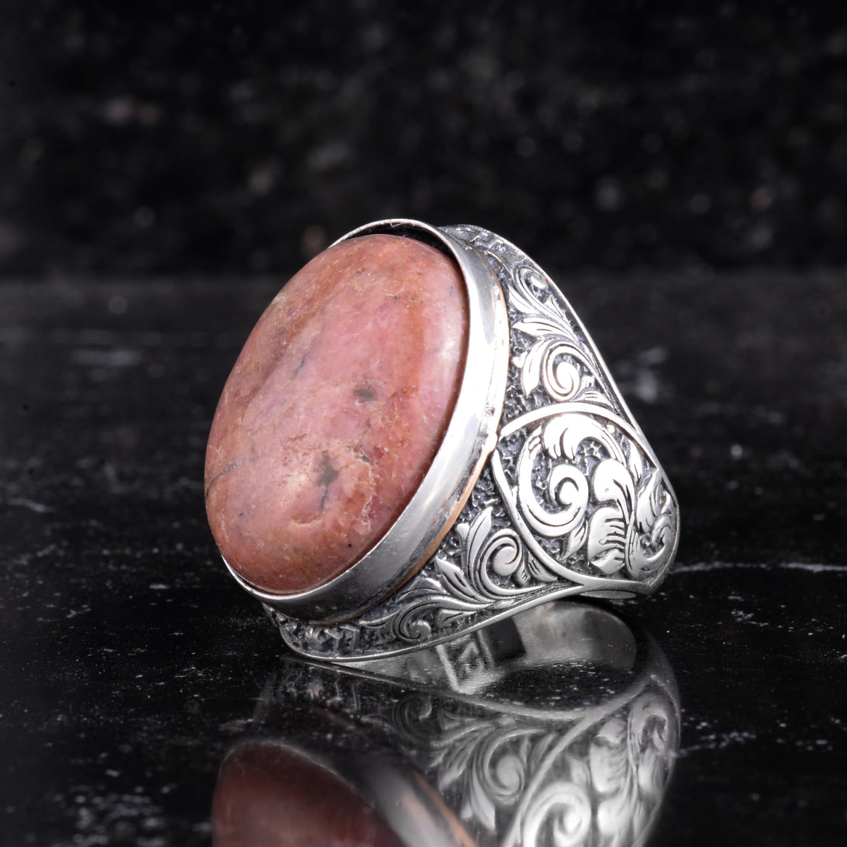 KAMBO Natural Rhodonite Stone Large Men's Ring - Oval Stone Vintage Floral Engraved Statement Ring - 925 Sterling Silver Handmade Men's Jewelry — 3