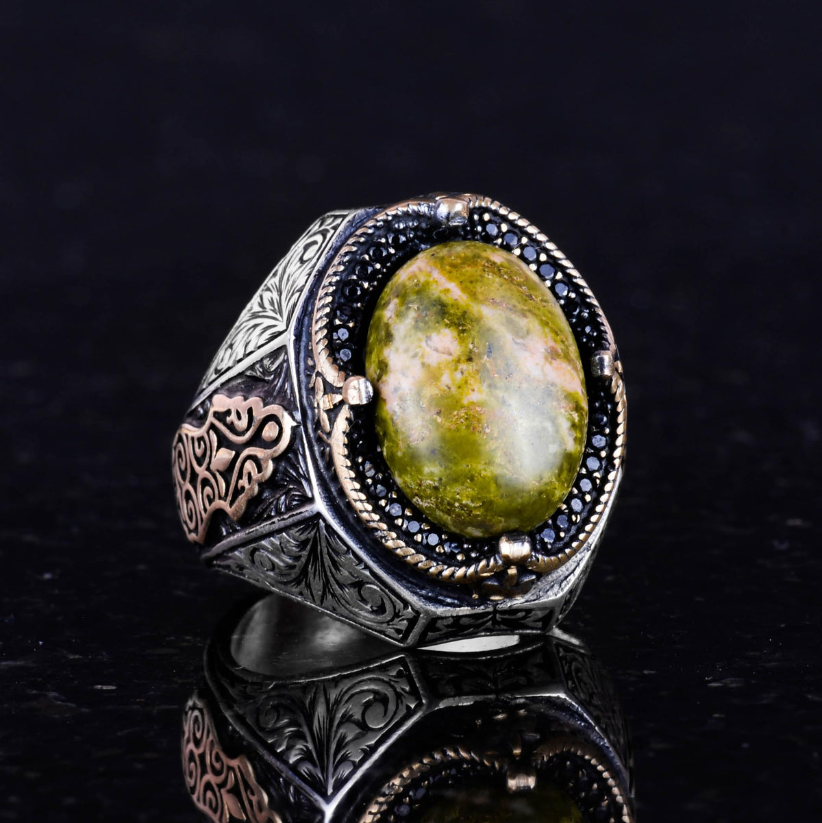 925 Sterling Silver Men's Ring - Handmade Unakite Stone Ring — 4