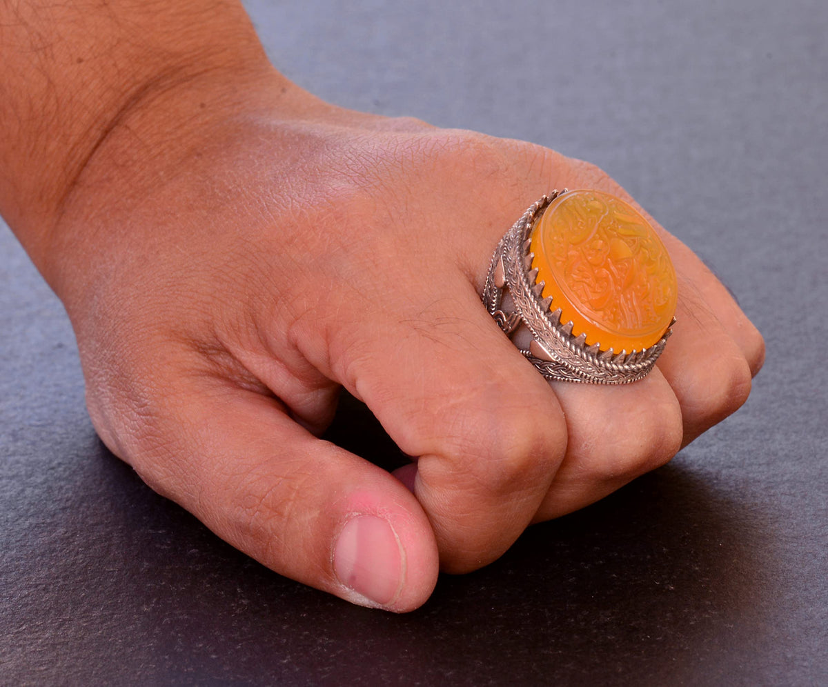 KAMBO Natural Yellow Agate Stone 925 Sterling Silver Ring, Above All and Determination Islamic Design, Large Muslim Ring — 7