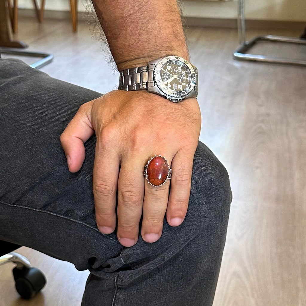 Natural Stone Ring - 925 Sterling Silver Large Ring - Handmade Ring (Red Bloodstone) — 3