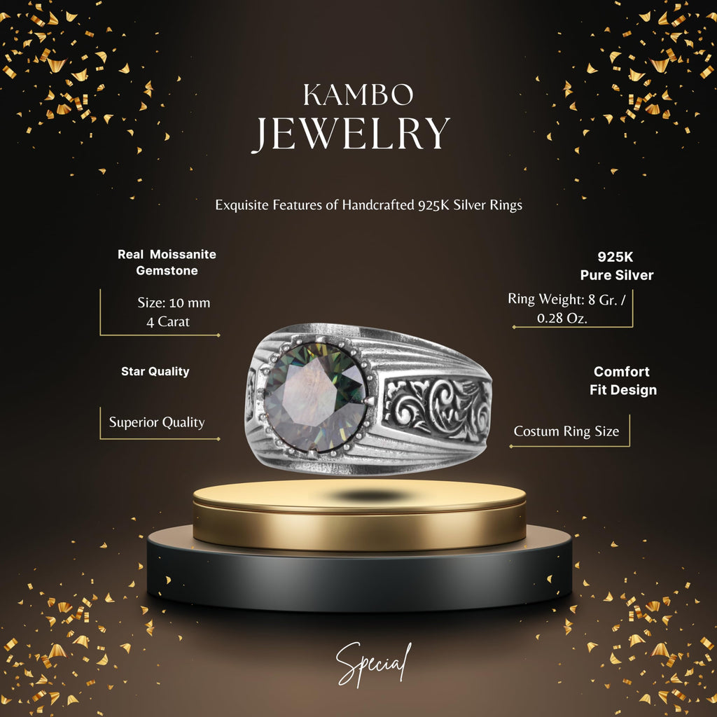 KAMBO Moissanite Round Stone Men's Ring 925 Sterling Silver – Faceted Stone Handmade Minimal Vintage Style Ring — 2