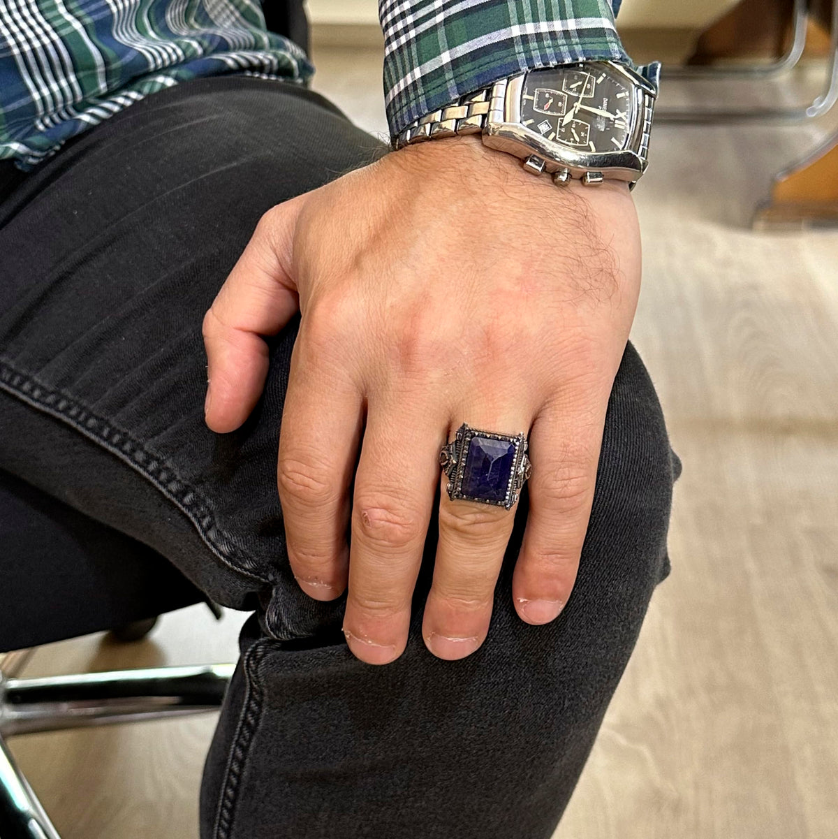 Kambo Real Natural Stone Ring - 925 Sterling Silver Men's Ring, Modern Design (Blue Sapphire) — 3