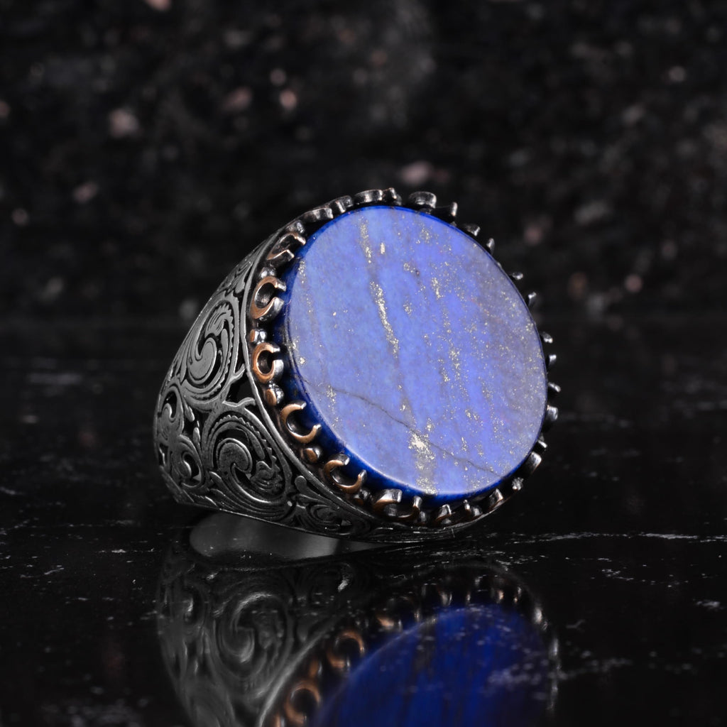 KAMBO Natural Stone Round Large Men's Ring – 925 Sterling Silver Handmade Ring – Statement Ring – Vintage Ottoman Style Men's Jewelry (Lapis Lazuli) — 5