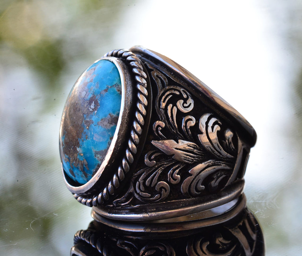 Natural Arizona Turquoise Stone Ring - Silver Men's Ring (Model-5) — 4