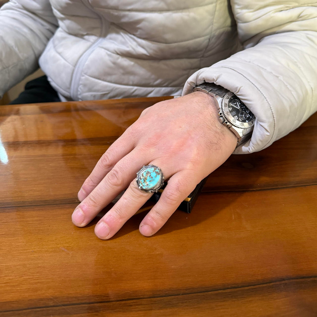 KAMBO Natural Turquoise Stone Men's Ring Oval Cabochon Blue Turquoise Ring 925 Sterling Silver Handmade Vintage Men's Jewelry Rustic Artisan Design — 3