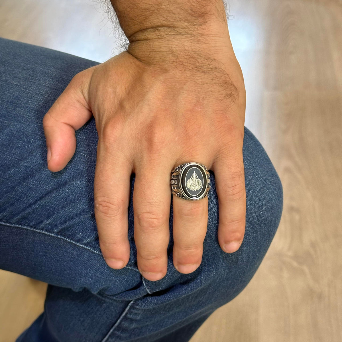 Silver Men's Ring with Natural Onyx Stone - Ayat al-Kursi Design Ring — 3