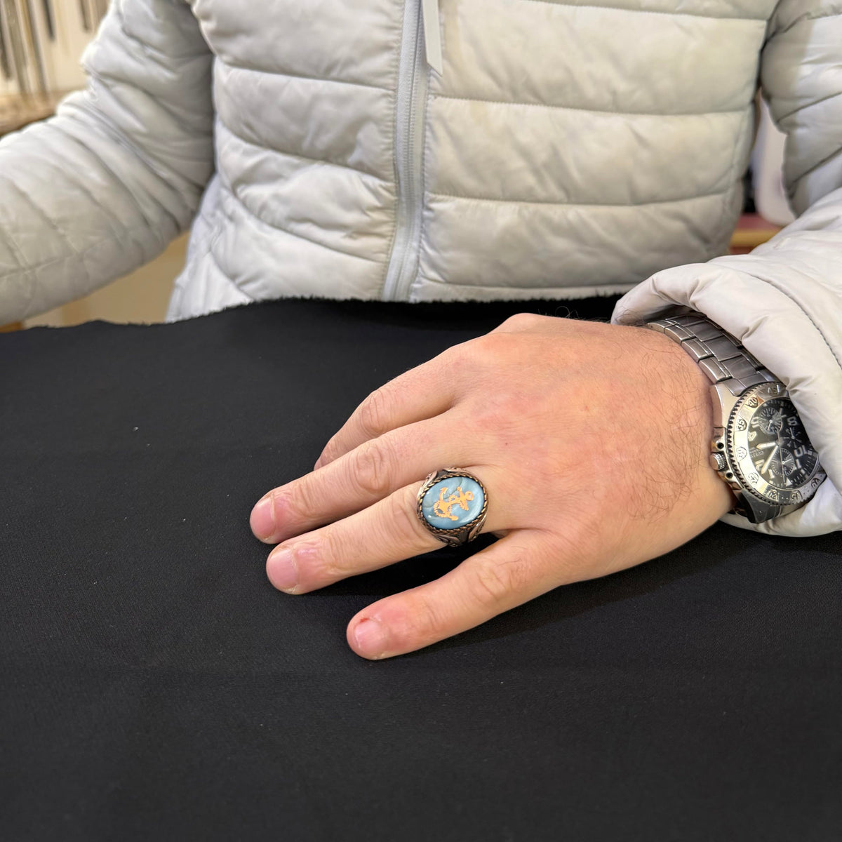 KAMBO Nautical Anchor Men's Ring - Blue Inlay Surface and Rose Gold Anchor Emblem 925 Sterling Silver Oval Seal Ring - Sailor Style Jewelry — 3