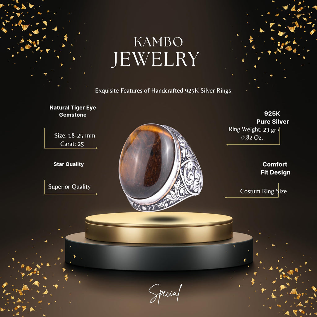 KAMBO Natural Tiger's Eye Stone Large Men's Ring - Oval Stone Vintage Engraved Statement Ring - 925 Sterling Silver Handmade Men's Jewelry — 2