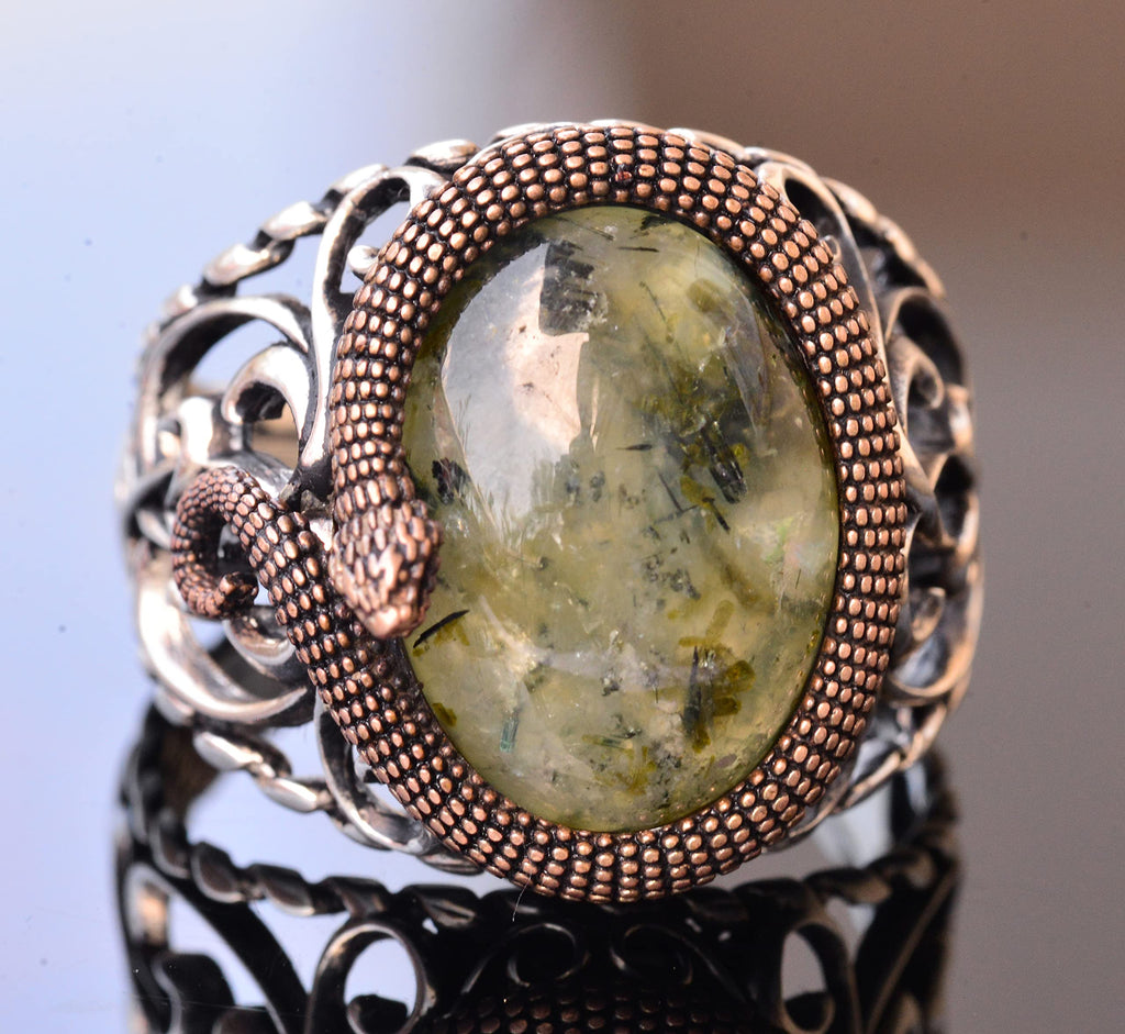 925 Sterling Silver Men's Ring - Natural Prehnite Stone — 2