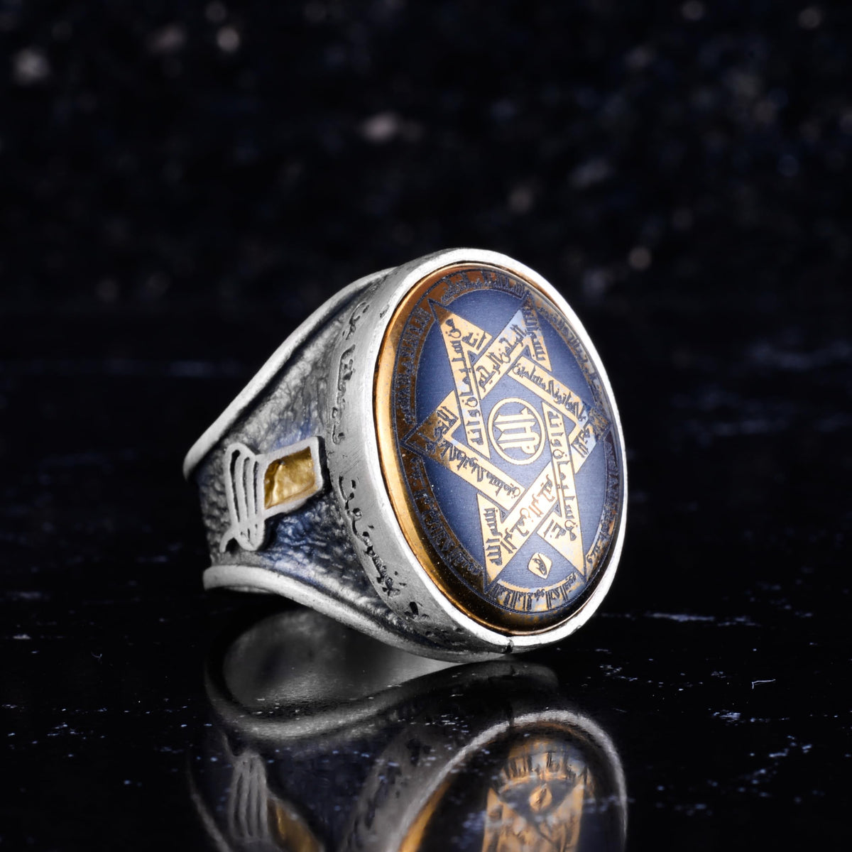 KAMBO Hematite Stone Star of David Men's Ring – 925 Sterling Silver Hamsa Hand Symbol and Arabic Calligraphy Oval Seal Ring – Handmade Spiritual Jewelry — 6