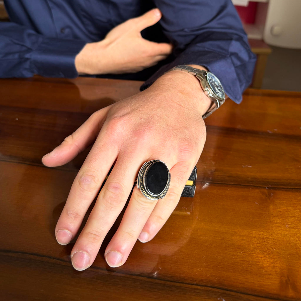 Men's Genuine Natural Stone Ring – 925 Sterling Silver Large Statement Ring – Handmade Vintage Design – Dark Silver Ring (Black Onyx) — 2