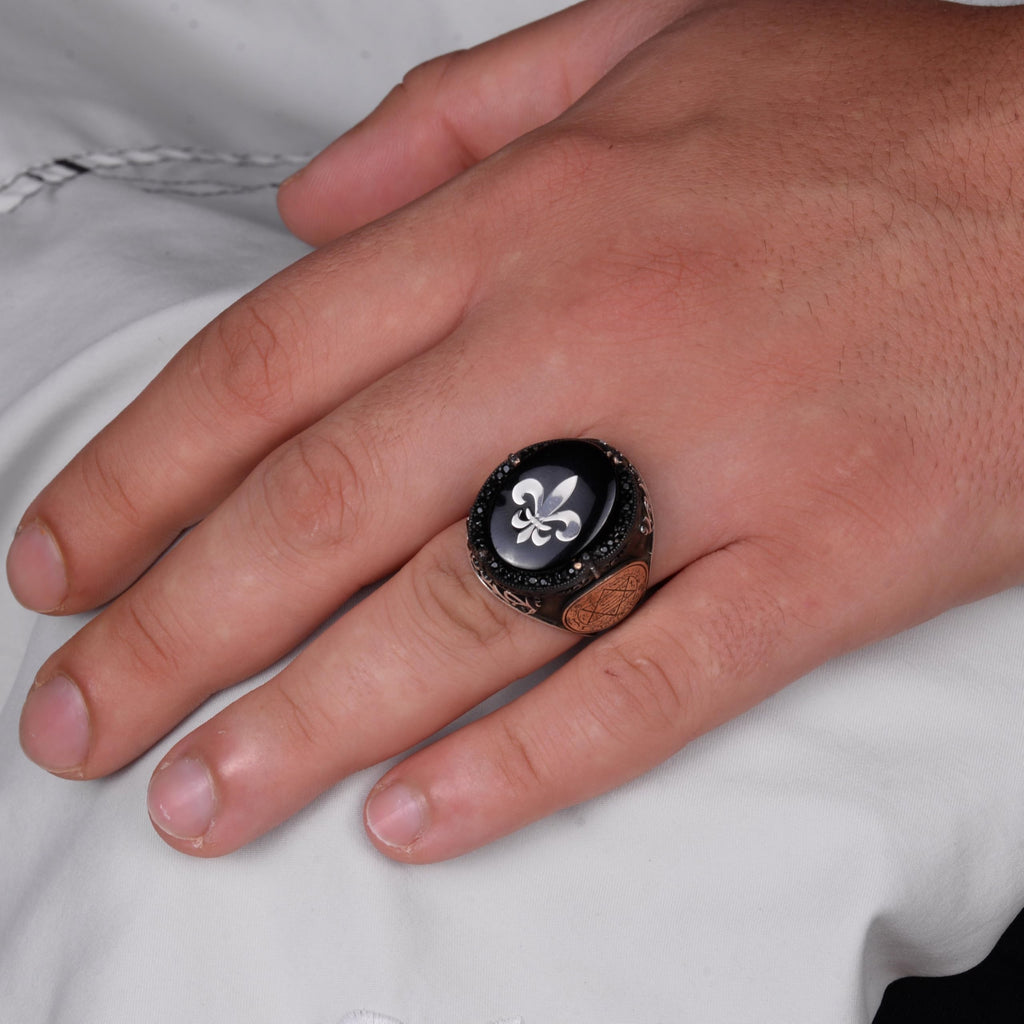 Kambo Unique Patterned Ring - 925K Silver Handmade Men's Ring - Star of David Ring (Fleur-De-Lis) — 3