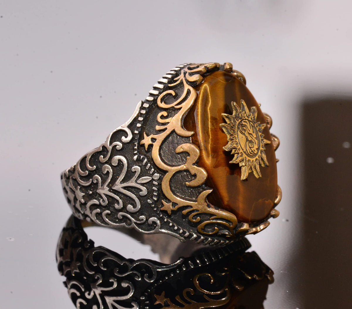 Natural Tiger's Eye Stone Men's Seal Ring - 925 Sterling Silver (Sun) — 4