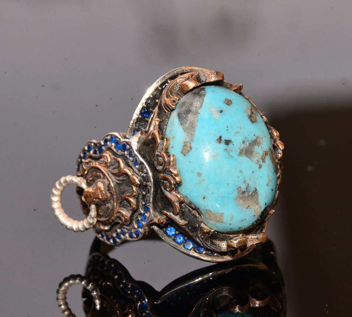 KAMBO Handmade 925 Sterling Silver Men's Ring with Genuine Natural Arizona Turquoise Gemstone Lion Design Vintage Statem