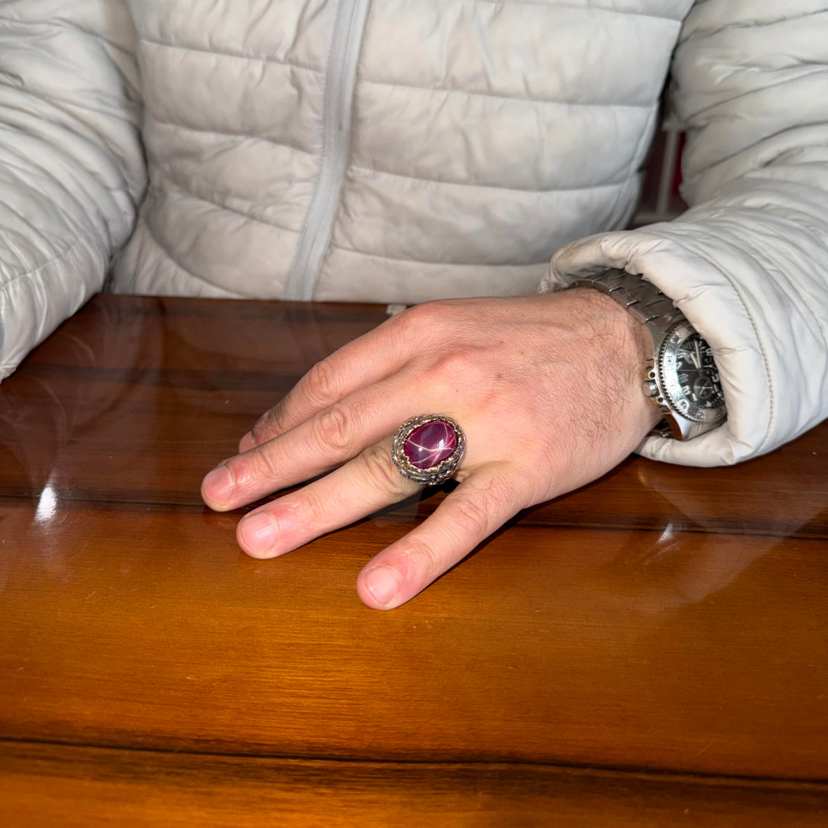 KAMBO Natural Star Ruby Stone Ring for Men 925 Sterling Silver Bronze Detailed Ottoman Pattern Handmade Statement Ring Asterism Ruby — 3