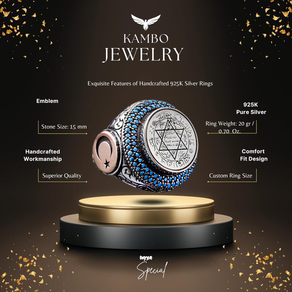 Islamic Star of David Ring - Crescent and Turquoise Detailed, 925 Sterling Silver — 2