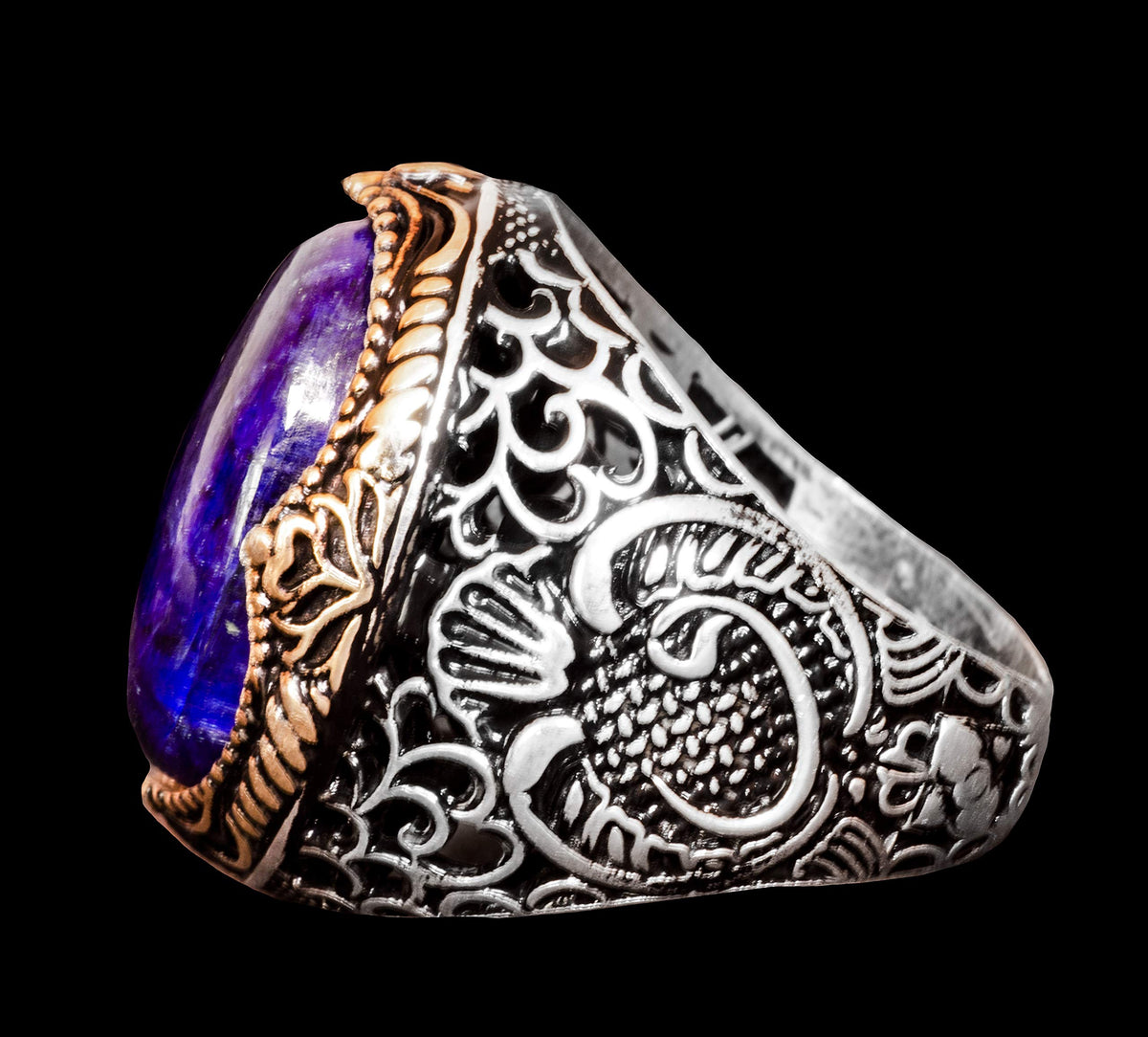 KAMBO Men's Handmade 925 Sterling Silver Ring with Natural Cabochon Sapphire Gemstone, Islamic Religious Design, Vintage