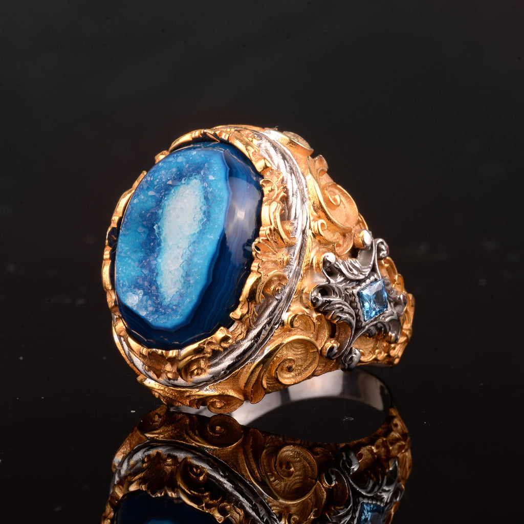 Natural Druzy Quartz Stone Silver Ring - Silver Men's Large Ring — 4