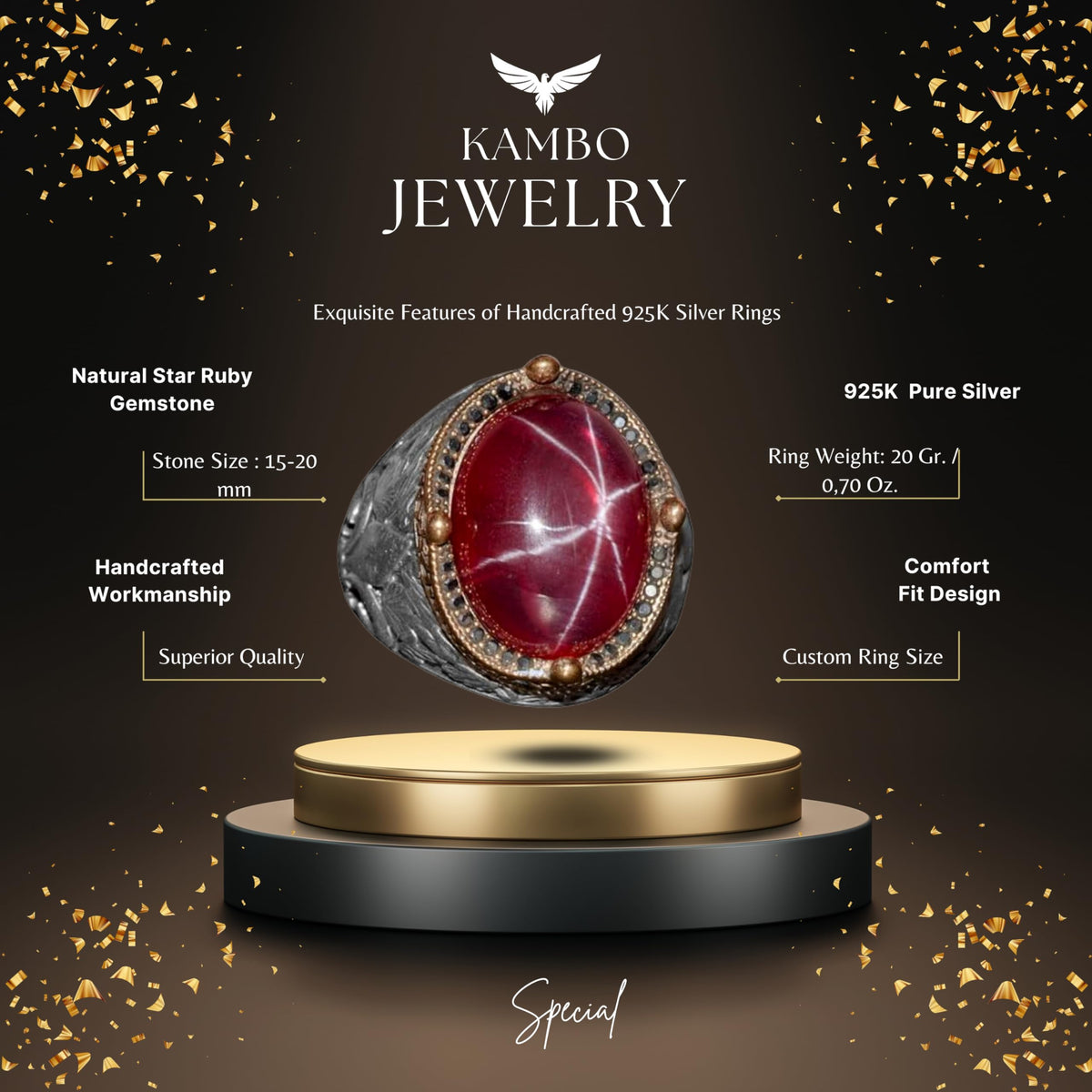 925 Sterling Silver Men's Ring - Original Handmade Model with Star Ruby Stone — 2
