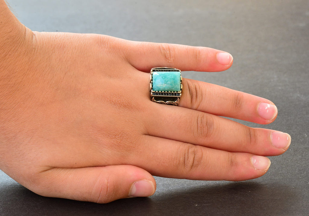 Amazonite Rectangular Stone Men's Ring, 925 Sterling Silver — 6