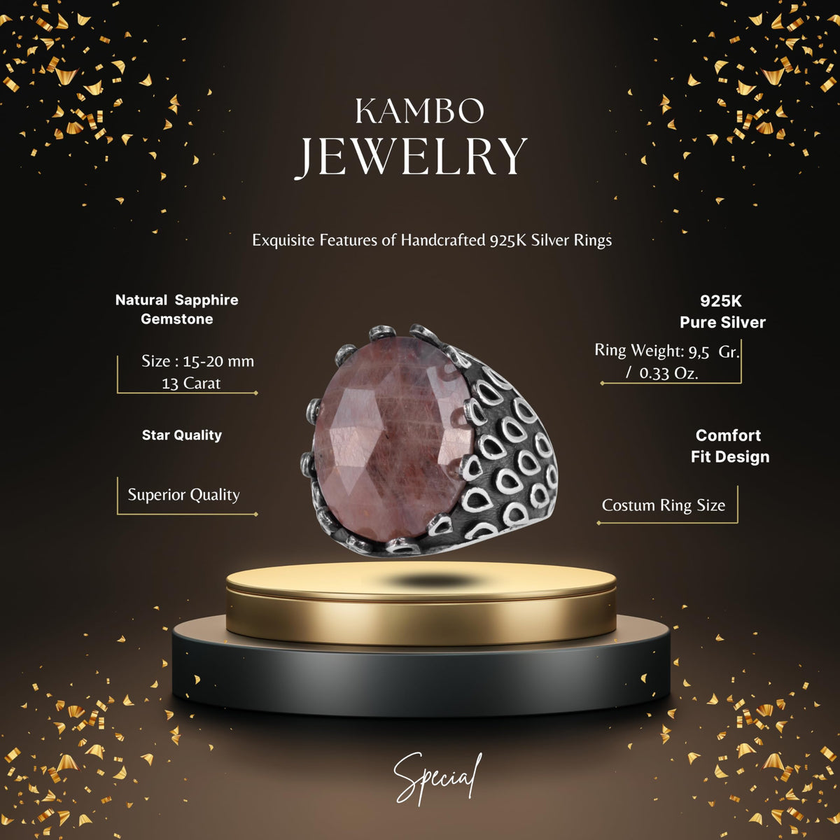 KAMBO 925 Sterling Silver Sapphire Stone Men's Ring – Oval Domed Statement Seal Ring (Sapphire-7) — 2