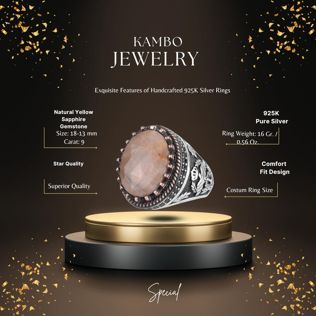 KAMBO Natural Yellow Sapphire Stone Ring for Men 925 Sterling Silver Handmade Statement Ring Oval Shaped Stone — 2
