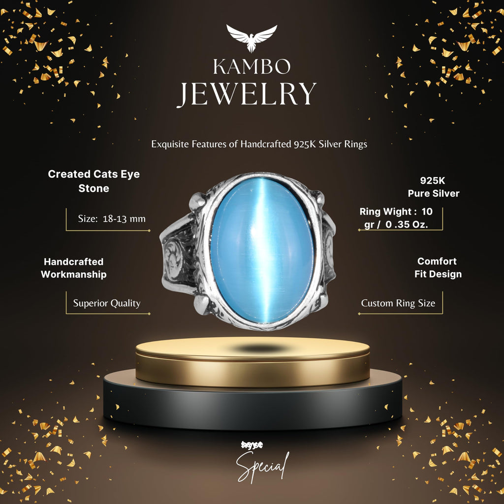 925 Sterling Silver Ring For Men, Created Cat's Eye Stone Ring, Handmade Unique Ring (Created Blue Cats Eye)