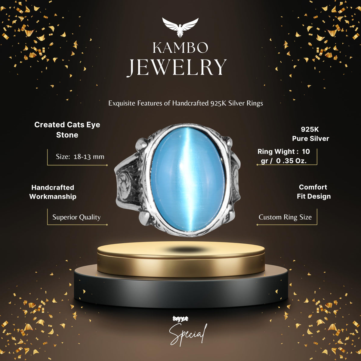 925 Sterling Silver Ring For Men, Created Cat's Eye Stone Ring, Handmade Unique Ring (Created Blue Cats Eye)