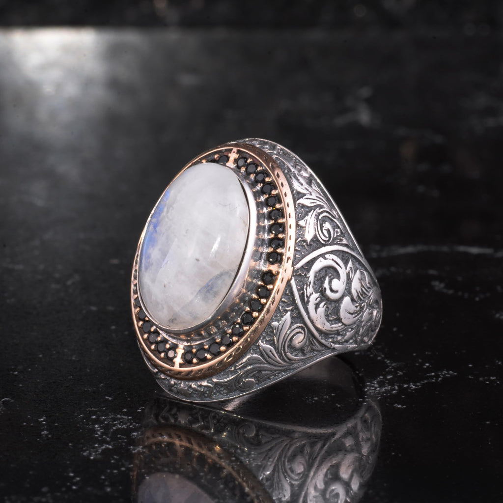 Men's Natural Stone Large Ring – Oval Stone Vintage Byzantine Engraved Statement Ring - Antique Filigree 925 Sterling Silver Jewelry (Moonstone) — 5