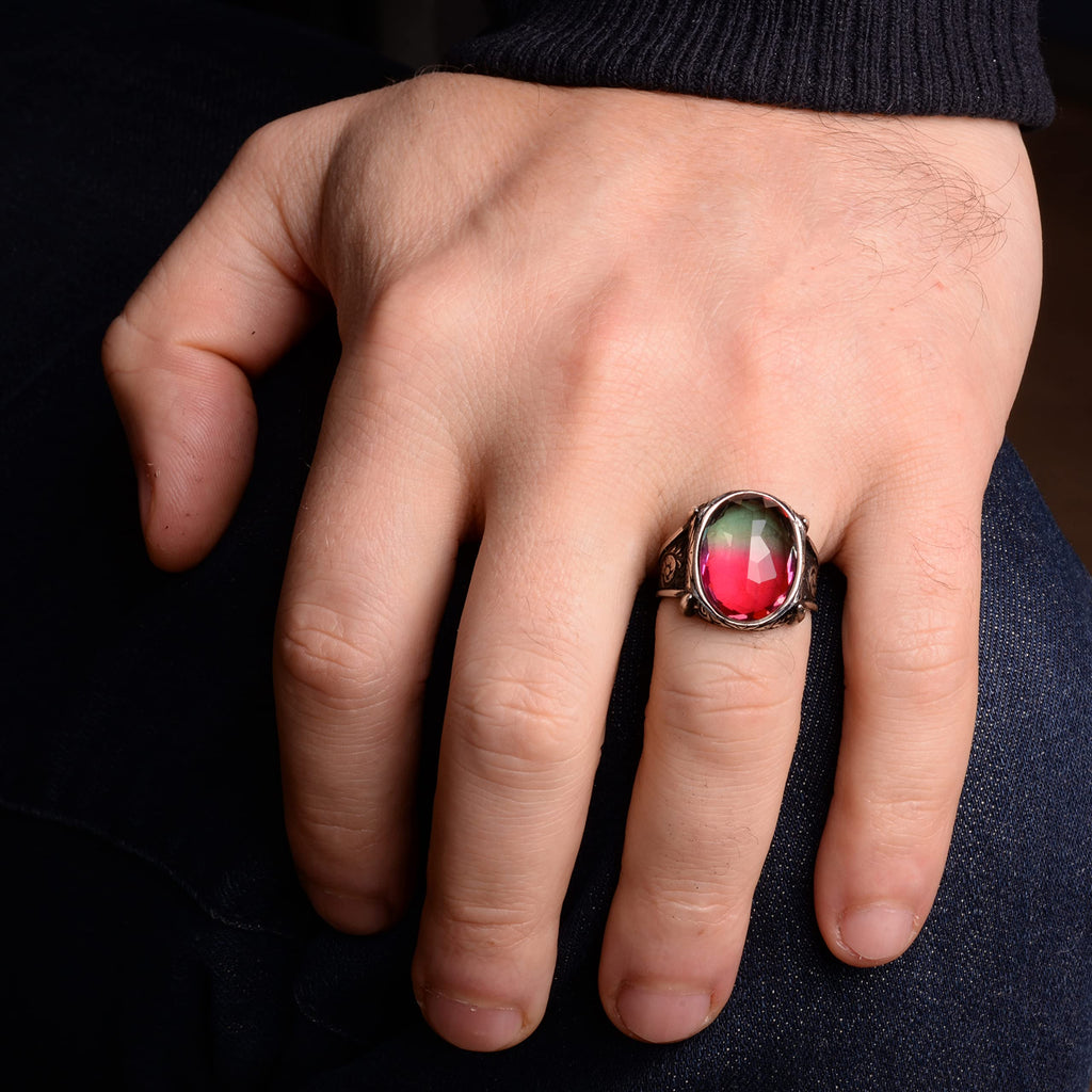 KAMBO 925 Sterling Silver Men's Ring - Multicolored Stone - Unique Bold Men's Ring — 3