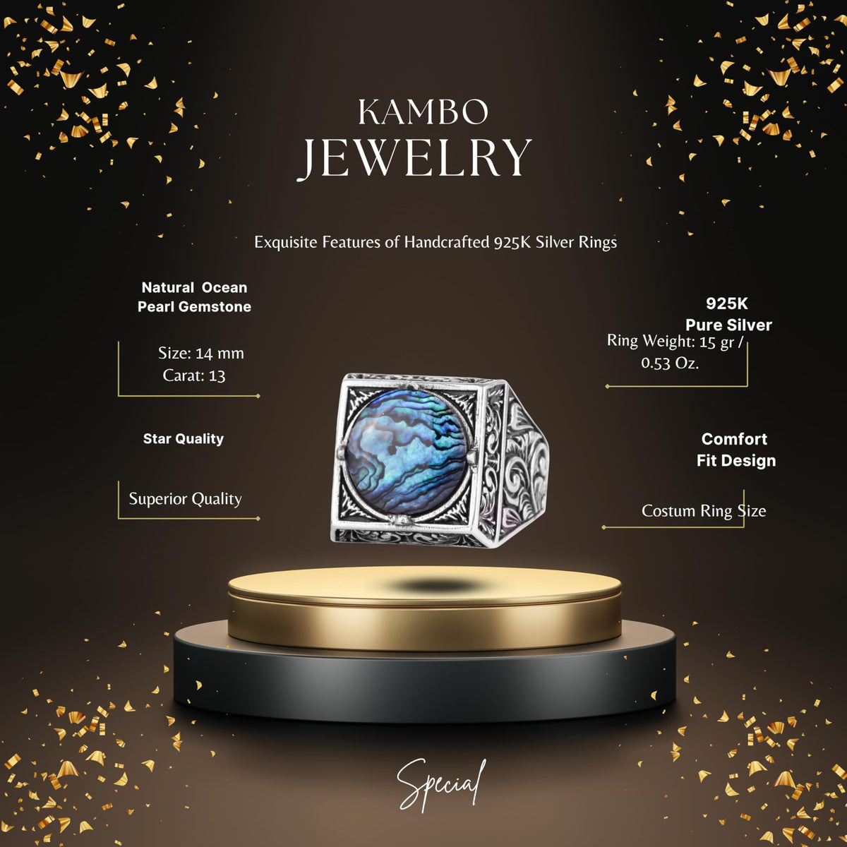 KAMBO Natural Round Stone Square Men's Ring 925 Sterling Silver – Ottoman Pattern Handmade Stone Ring (Ocean Pearl) — 2