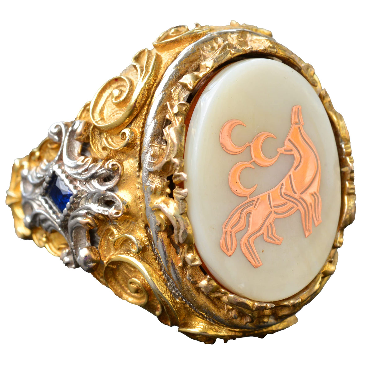 Men's Silver Ring - Natural Mother of Pearl Stone - Wolf Design