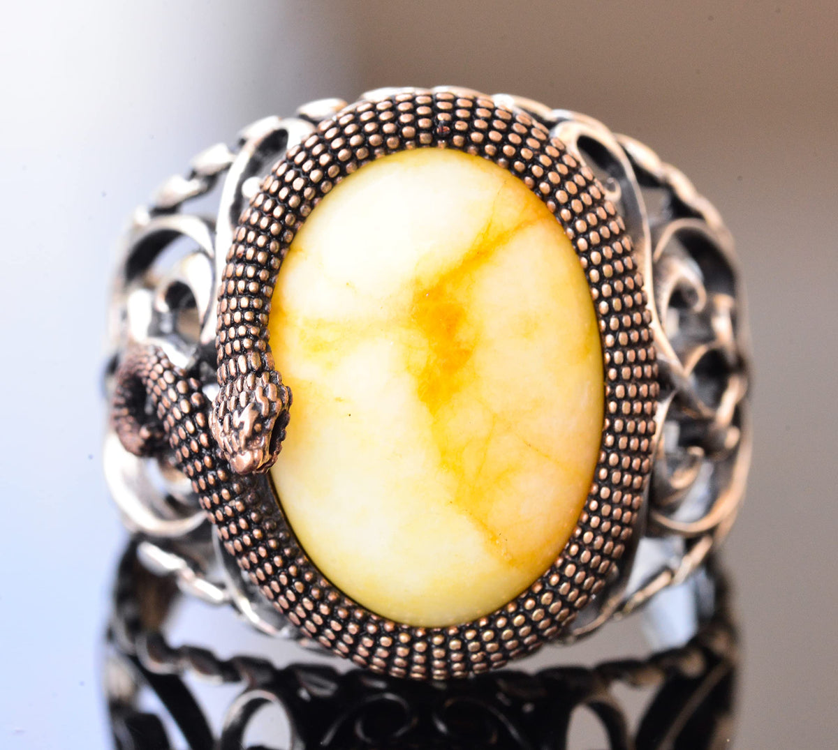 925 Sterling Silver Men's Ring - Handcrafted Elegance with Yellow Wood Stone — 2