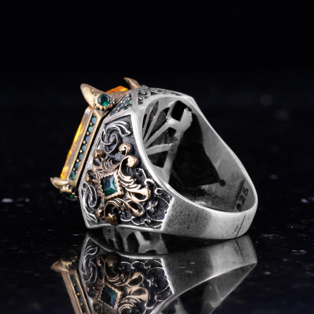 Silver Men's Ring - Artificial Citrine Stone - Vintage Design - Handmade Ring — 5