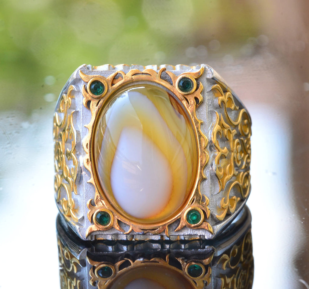 Natural Mother of Pearl Stone Men's Ring, Handmade Gold Carving Design, 925 Sterling Silver Ring — 5