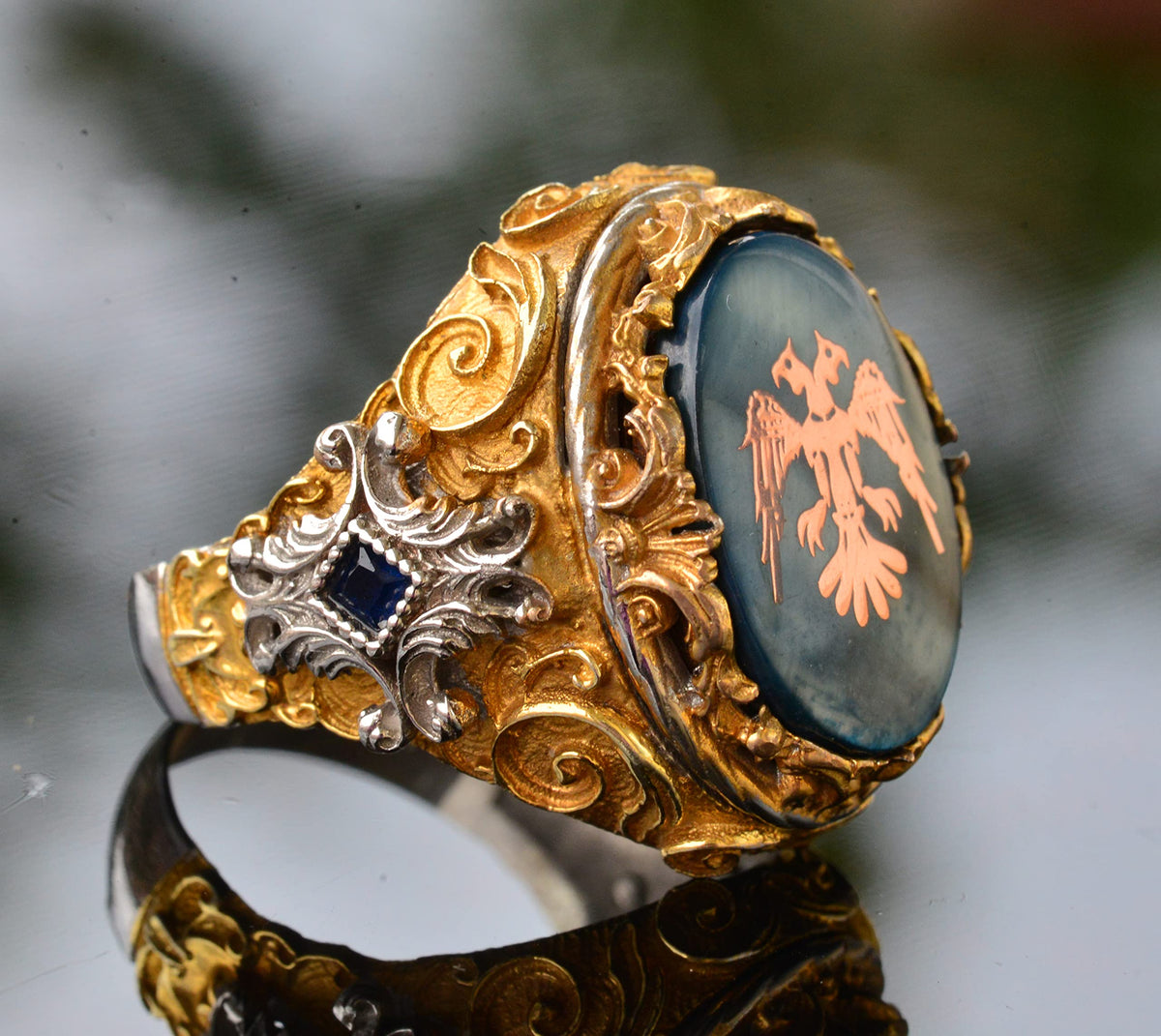 Men's Silver Two Headed Eagle Ring - Albanian Eagle Design, Gold Plated — 4