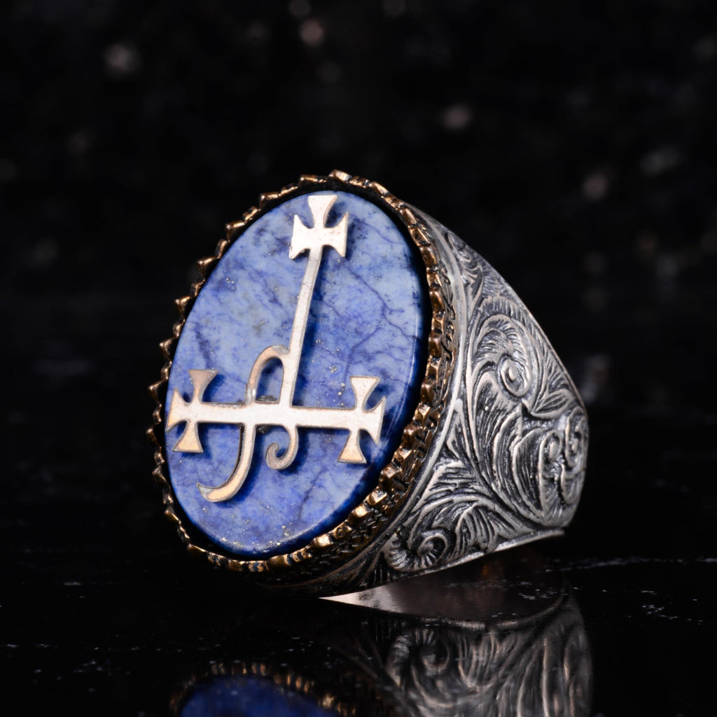KAMBO Natural Stone 925 Sterling Silver Men's Ring – Large Oval Stone Symbolic Statement Ring (Lapis Lazuli) — 5